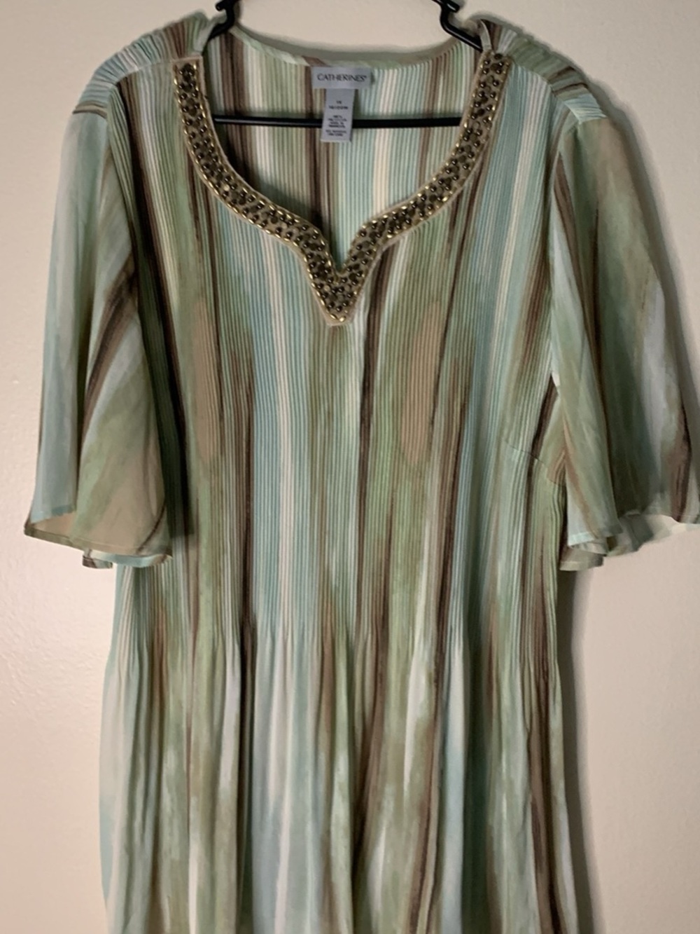 Catherines Sage, Cream & Brown Striped Beaded V-Neck Tunic